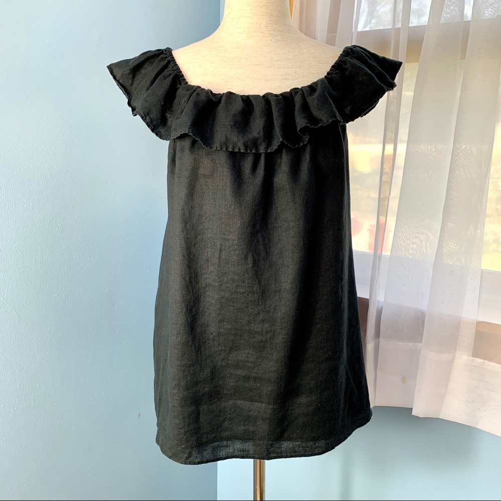 J. Crew Sleeveless Black Linen Ruffle Neck Top